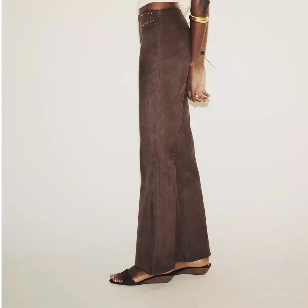 Zara NWT brown studded faux suede embellished pants